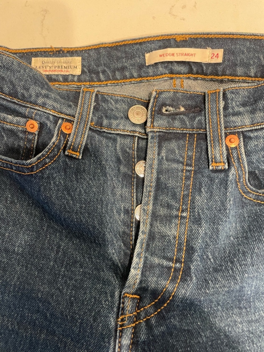 Levi's Blue Denim Wedgie Straight Jeans, Distressed Ankle